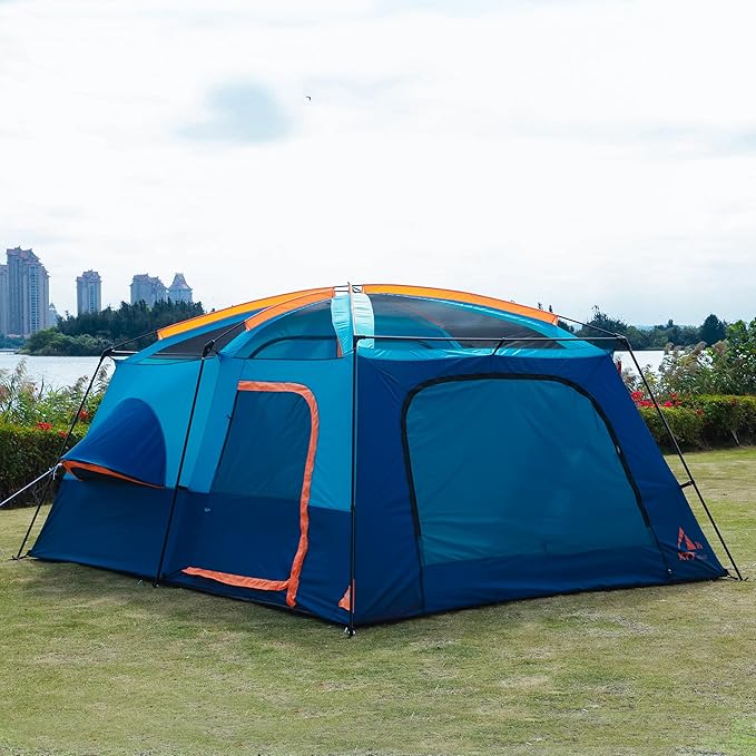 KTT Extra Large Tent 6-10-12-14 Person(B),Family Cabin Tents,2 Rooms,3 Doors and 3 Windows with Mesh,Straight Wall,Waterproof,Double Layer,Big Tent for Outdoor,Picnic,Camping,Family Gathering