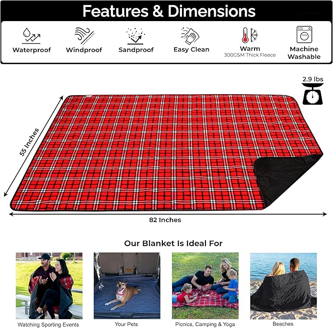 BRAWNTIDE Large Outdoor Waterproof Blanket - Extra Thick Fleece, Warm, Windproof, Sandproof, Quilted, 82" x 55", Ideal for Beaches, Picnics, Camping, Stadiums, Dogs, Car
