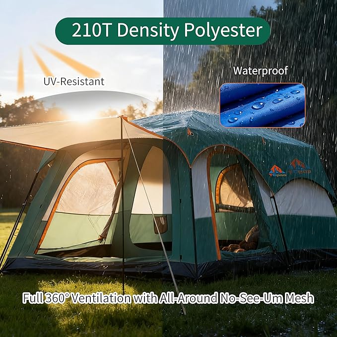 Large Family Standing Upright Camping Tent - 5-12 Persons Multi-Room Waterproof Tent with Screened Porch - Glamping Tent for Outdoor Camping & Family Vacation