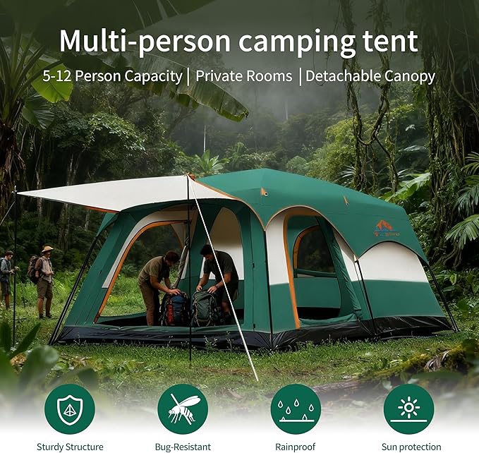 Large Family Standing Upright Camping Tent - 5-12 Persons Multi-Room Waterproof Tent with Screened Porch - Glamping Tent for Outdoor Camping & Family Vacation