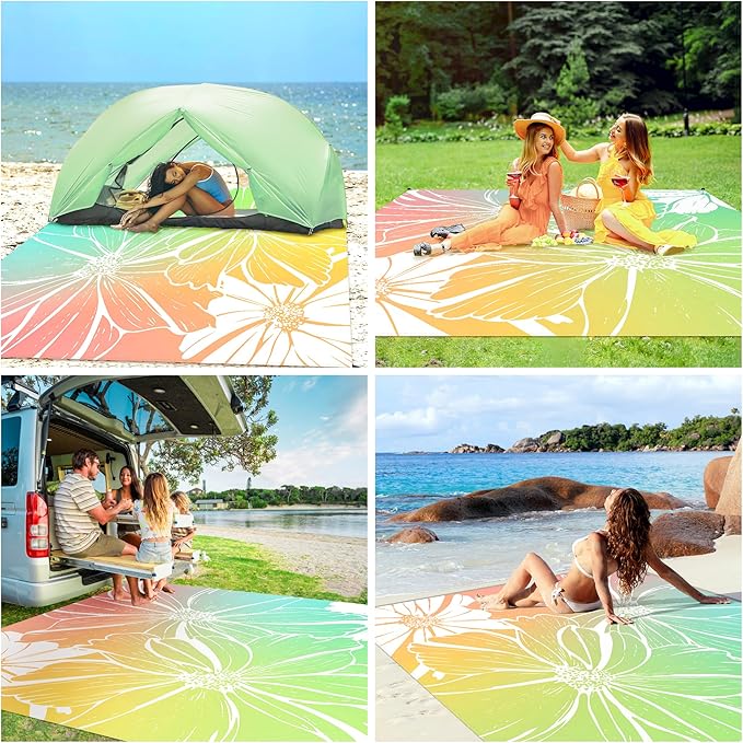 Beach Blanket, Waterproof Sandproof Beach Mat with 4 Stakes & 4 Pockets, 78''×86'' Large Compact Lightweight Sand Free Outdoor Essentials for Beach, Picnic, Travel, Camping
