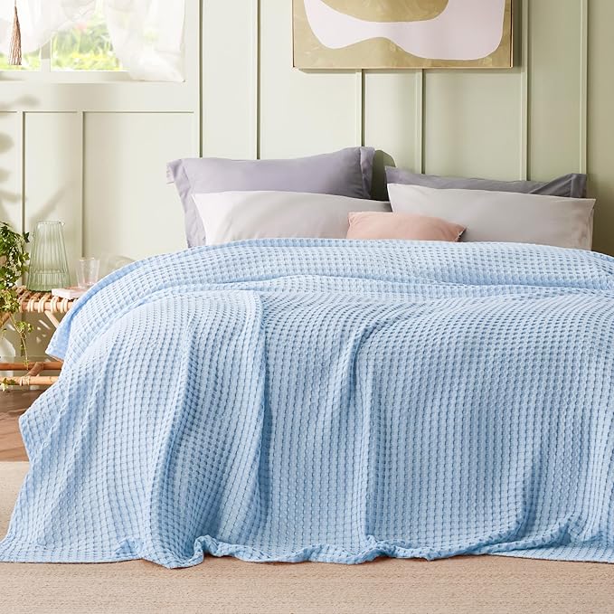 Bedsure Cooling Cotton Waffle King Size Blanket - Lightweight Breathable Blanket of Rayon Derived from Bamboo for Hot Sleepers, Luxury Throws for Bed, Couch and Sofa, Blue, 104x90 Inches