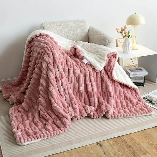 UKELER Sherpa Fleece Blanket 50 × 60 inch Fuzzy Soft Bed Blanket 610 GSM Thick Striped Throw Blankets for Couch Sofa Bed Office Camping, Pink