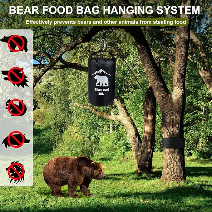 1 Set Bear Bags for Food Backpacking 20L Bear Food Bag Hanging System Bear Proof Food Storage Includes Waterproof Bear Bag, Rock Pouch, Hooks and Nylon Ropes for Camping Hiking (20L, Black)