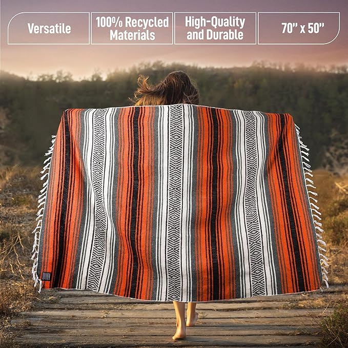 Hydration Nation Authentic Extra Large Mexican Blanket (70"x50") - Handwoven Yoga, Serape - Artisanal Falsa, Beach, Camping, Picnic, Outdoor(Orange)