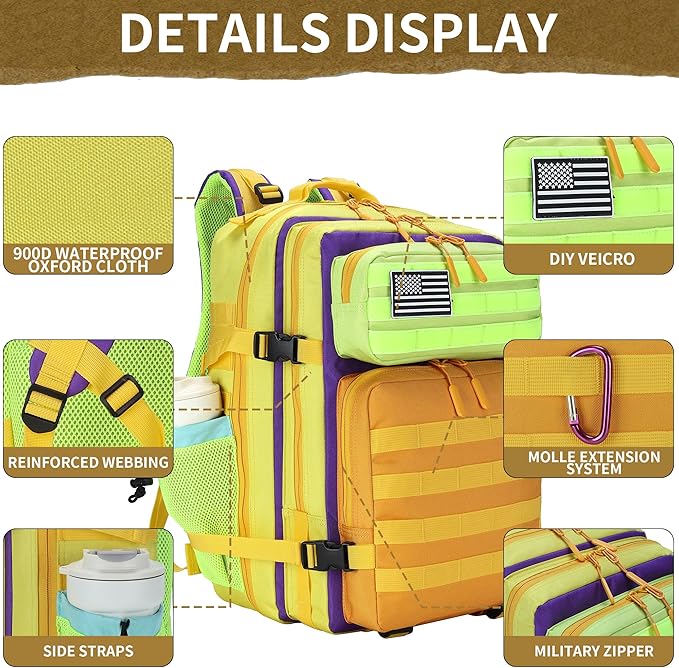 45L Tactical Military Backpack Assault Pack Dopamine Colorblock Molle 3-day Army Rucksack Men Women for Hiking Camping Climbing