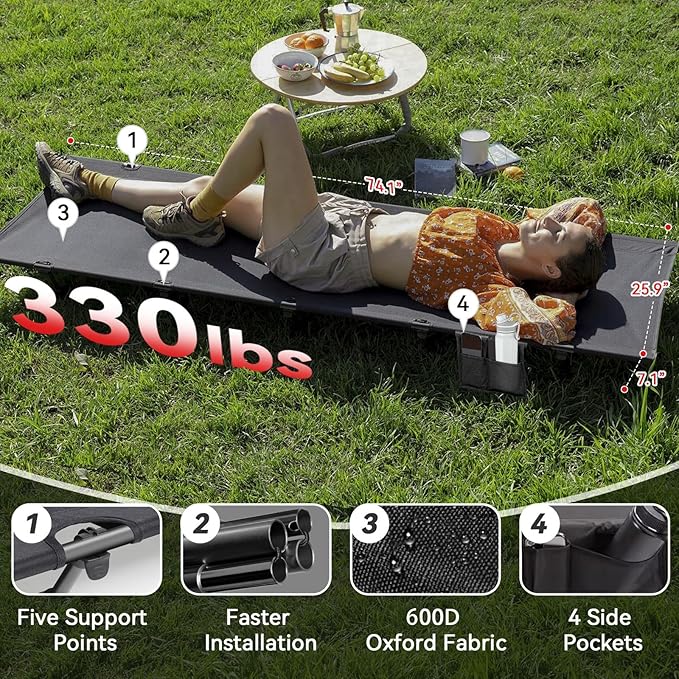 Ultralight Camping Cot for Adults with 2 Side Pocket,Portable Folding Camping Bed Supports 330 lbs,Comfort Sleep Cot Bed for Camping Lightweight Travel,Base Camp,Hiking,Moutaineering,Sleeping(Black)