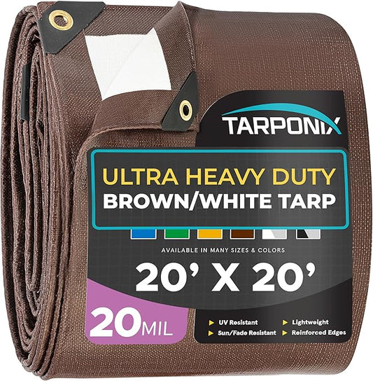 20' x 20' Ultra Heavy Duty Tarp – 20 Mil Brown/White Waterproof Outdoor Cover, UV Protection, Reinforced Corners, Ideal for Camping, Tent, and Outdoor Use