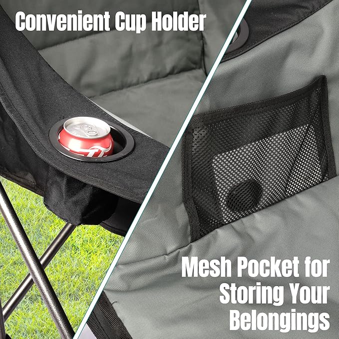 2 Pack Big Heavy Duty Camping Chairs with Cooler Bags, XL Fully Padded Folding Portable Camping Chairs for Adults, Oversized Outdoor Patio Lawn Chair with Arm Cup Holder Supports 450lbs