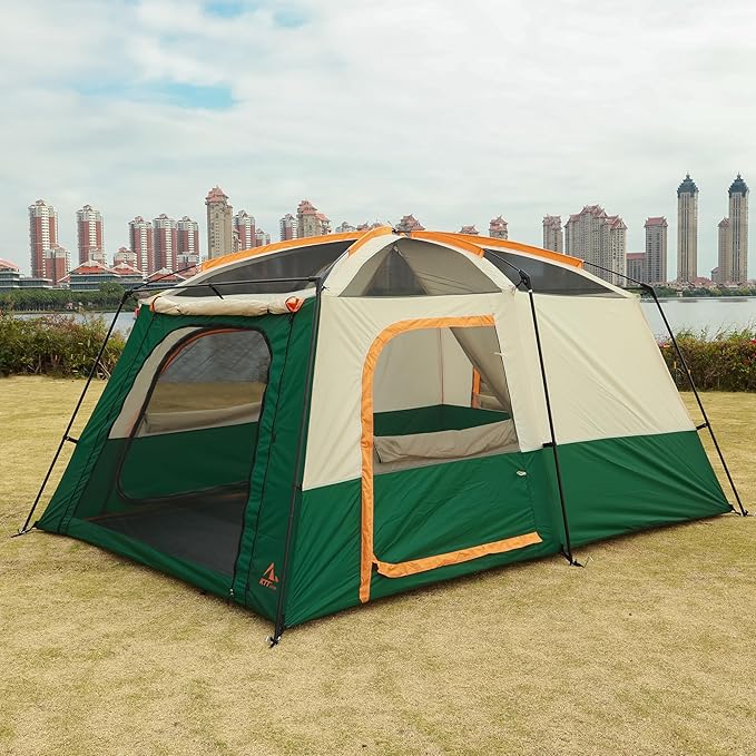 KTT Extra Large Tent 6-10-12-14 Person(Style-B),Family Cabin Tents,2 Rooms,3 Doors and 3 Windows with Mesh,Straight Wall,Waterproof,Double Layer,Big Tent for Outdoor,Picnic,Camping,Family Gathering