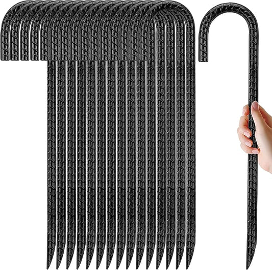 Kingsyard 16 Pack 12 Inch Rebar Stakes J Hook Ground Stakes 0.4 inch Diameter Heavy Duty Galvanized Metal Tent Stakes Chain Link Fence Stakes for Trampolines Lawn Decorations Swing Inflatables Canopy