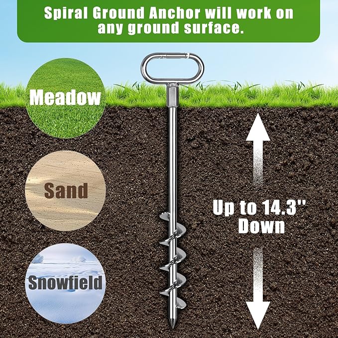 SELEWARE 17" Ground Anchors Screw in, 4 Pack Swing Set Ground Anchor Kit, High Wind Trampoline Stakes, Heavy Duty Wider Spiral Earth Anchor for Mobile Home, Tree, Tent, Shed, Carport, Securing Animals