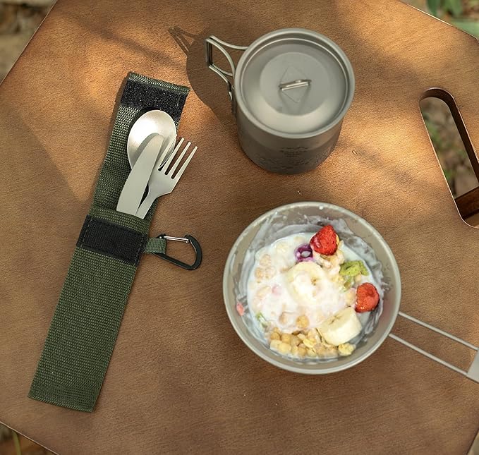 SANTTA Titanium Camping Utensils, Ultra Light Spoon Fork Knife 3 Piece Set, Cutlery Set with Pouch and Carabiner for Outdoor Camping, Hiking, Backpacking, Hiking, Picnic and Travel