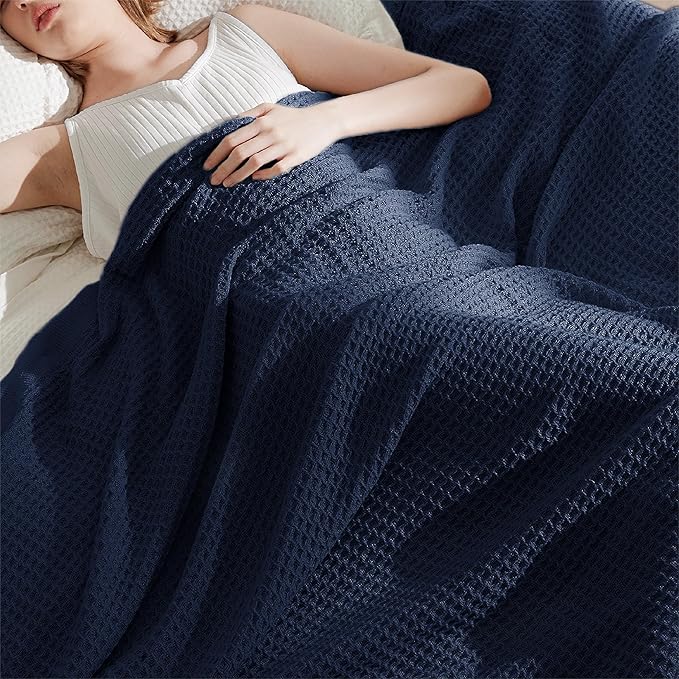 Bedsure Gentlesoft 100% Cotton Blanket Twin XL Size for College Dorm - Breathable and Soft, Waffle Weave Twin Blanket for Summer, Dorm Room Essentials, Pageant Blue, 66x90 inches