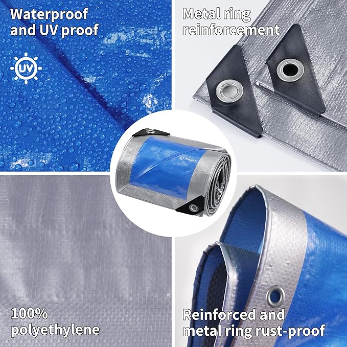 TARPAL Tarps 15x15 Feet Tarp Waterproof Large tarp 7.5mil Waterproof tarps,UV Protection,Rip and Tear Proof,Outdoor Tarp,Poly Tarpaulin(Silver/Blue)