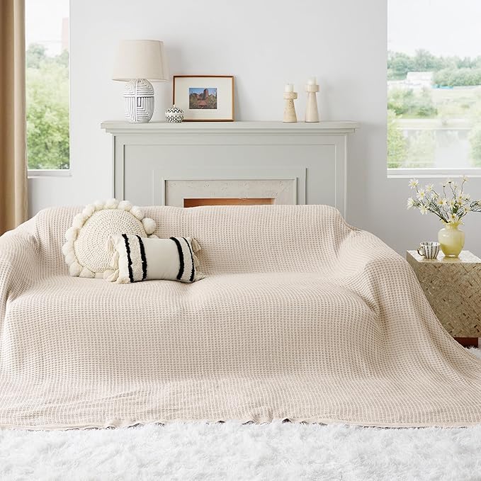 Bedsure Gentlesoft 100% Cotton Large Blanket Oversized King for Bed - Breathable Thick Waffle Weave Blanket for Summer, Couch Cover, Khaki (a Little Bit Yellow), 120x94 inches