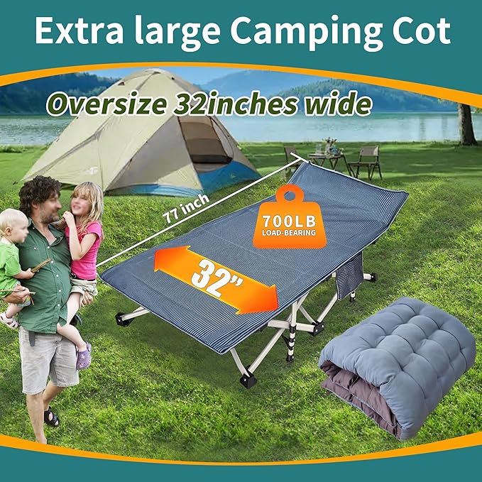 2 Pack 79" L x 32" W x 18" H Oversize XXL Camping Cot with Comfortable Mattress for Adults Extra Wide Cots for Sleeping Heavy Duty Folding Cot Camping Bed with Carry Bag for Home Office Outdoor