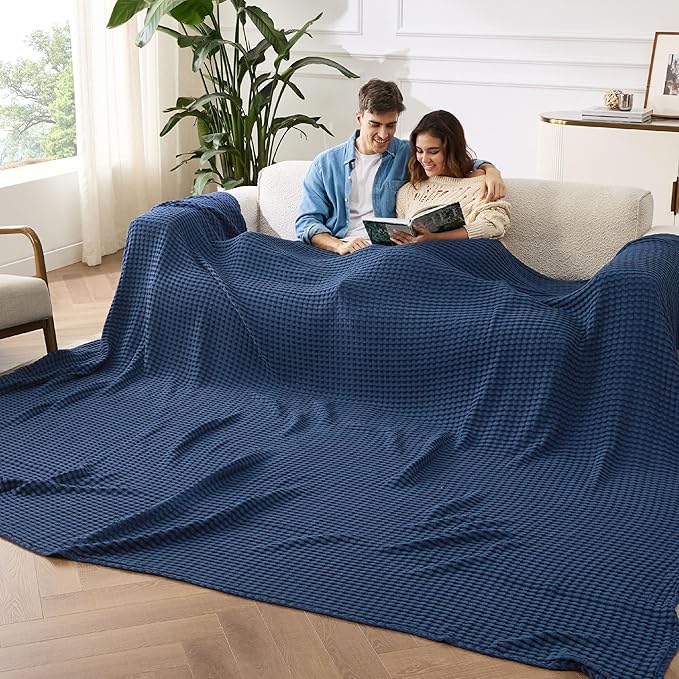 Bedsure Cooling Cotton Waffle Oversized King Blanket - Lightweight Breathable Rayon Derived from Bamboo for Hot Sleepers, Luxury Throws for Bed and Sofa, Navy, 120x96 Inches