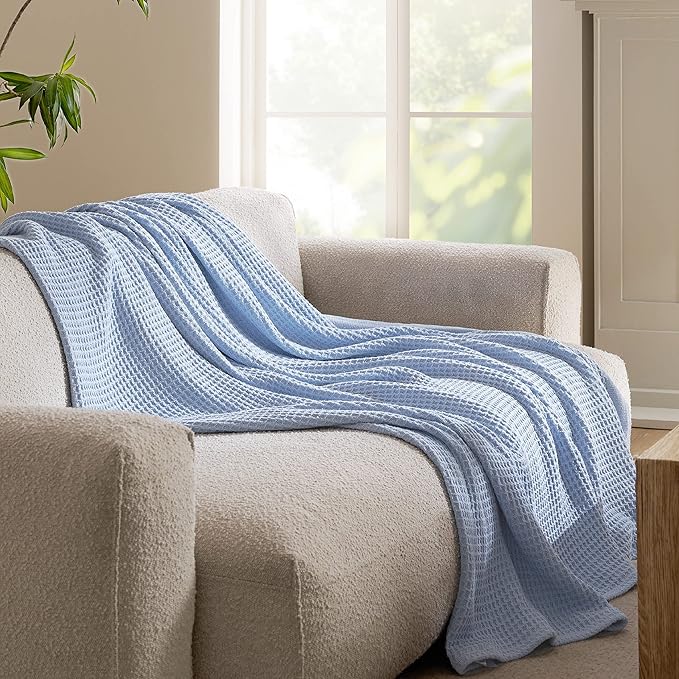 Bedsure Gentlesoft 100% Cotton Blanket Twin XL Size for College Dorm - Breathable and Soft, Waffle Weave Twin Blanket for Summer, Dorm Room Essentials, Sky Blue, 66x90 inches