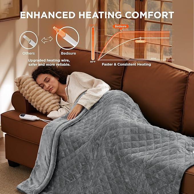 Bedsure Heated Blanket Throw Blanket - Quilted Electric Blanket, Soft Flannel Thick Heating Blanket with 4 Time Settings & 6 Heating Settings, Warm Gifts for Women Men (50x60 inches, Formal Gray)