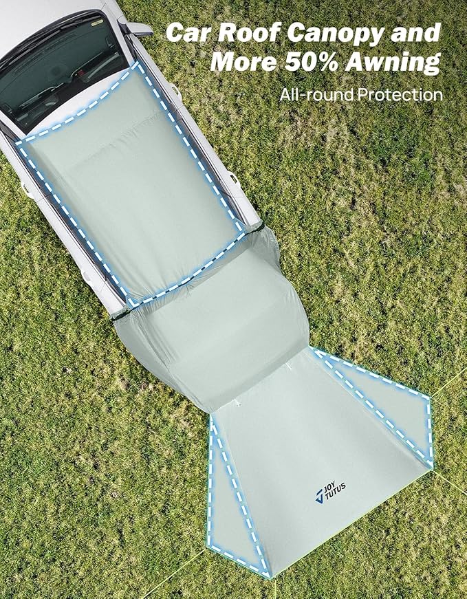 JOYTUTUS SUV Tailgate Tent with Three Sides Awning and Poles, Water Resistant SUV Camping Tent with Car Roof Cover, Tent Attaches to Car Truck, Universal Fit Most SUVs, Cars, Grey Green, Large