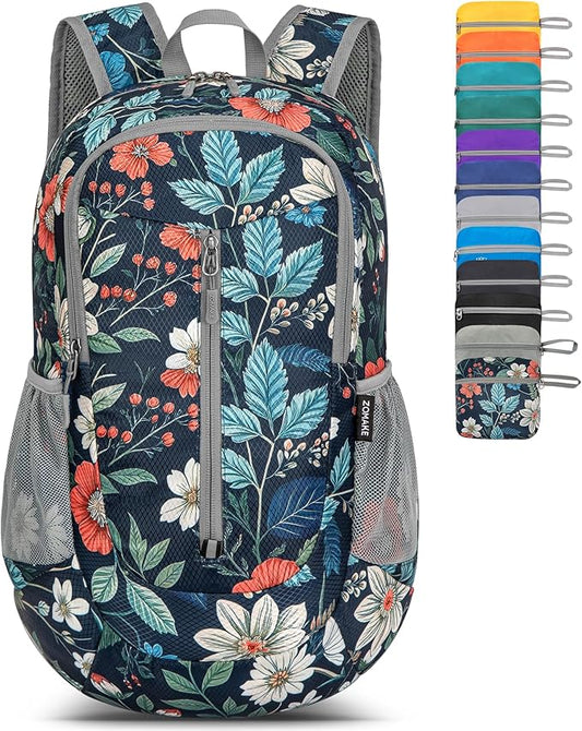 ZOMAKE Ultra Lightweight Packable Backpack 25L - Foldable Hiking Backpacks Water Resistant Small Folding Daypack for Travel(Navy blue,Floral pattern)