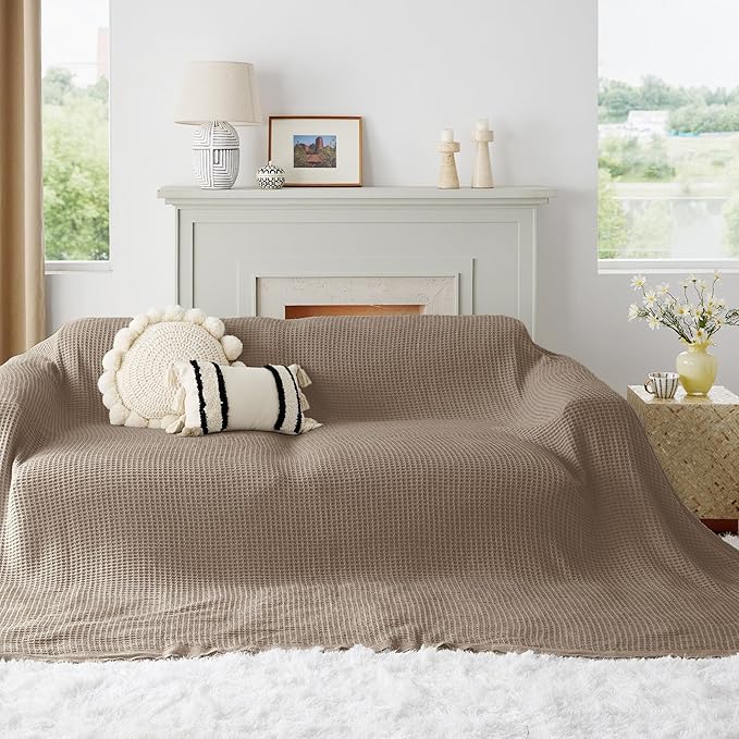 Bedsure Gentlesoft 100% Cotton Large Blanket Oversized King for Bed - Breathable Thick Waffle Weave Blanket for Summer, Couch Cover, Taupe, 120x94 inches