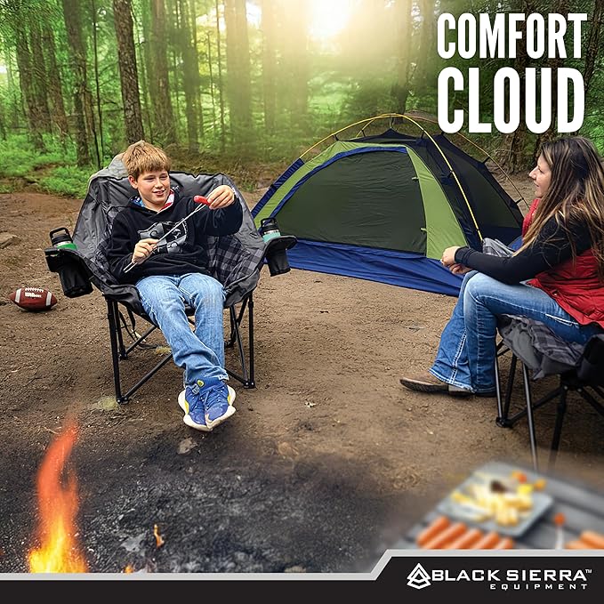 Black Sierra Oversized Camping Chair for Adults, Heavy Duty Outdoor Seat with Plush Padding, Supports 400lbs, Cup Holders & Carry Bag, Comfortable Folding Chair for Tailgating, Patio & Sideline Events