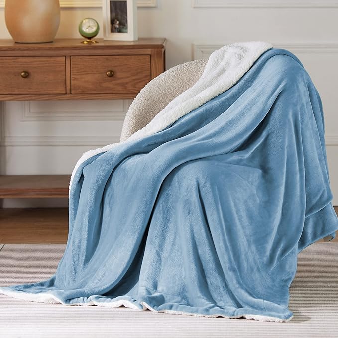 Bedsure GentleSoft Sherpa Fleece Throw Blanket Twin Size for Couch - Thick and Warm, Soft Fuzzy Plush Twin Blanket for Winter, Washed Blue, 60x80 Inches