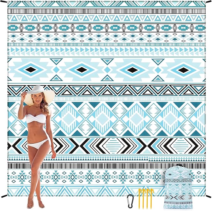 Beach Blanket, Sandproof Beach Mat, Waterproof Quick Drying Lightweight Outdoor Aztec Picnic Mat 79" X 83"/120"x108" for 2-8 Adults for Travel, Camping, Hiking