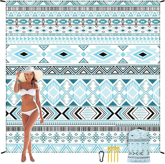 Beach Blanket, Sandproof Beach Mat, Waterproof Quick Drying Lightweight Outdoor Aztec Picnic Mat 79" X 83"/120"x108" for 2-8 Adults for Travel, Camping, Hiking