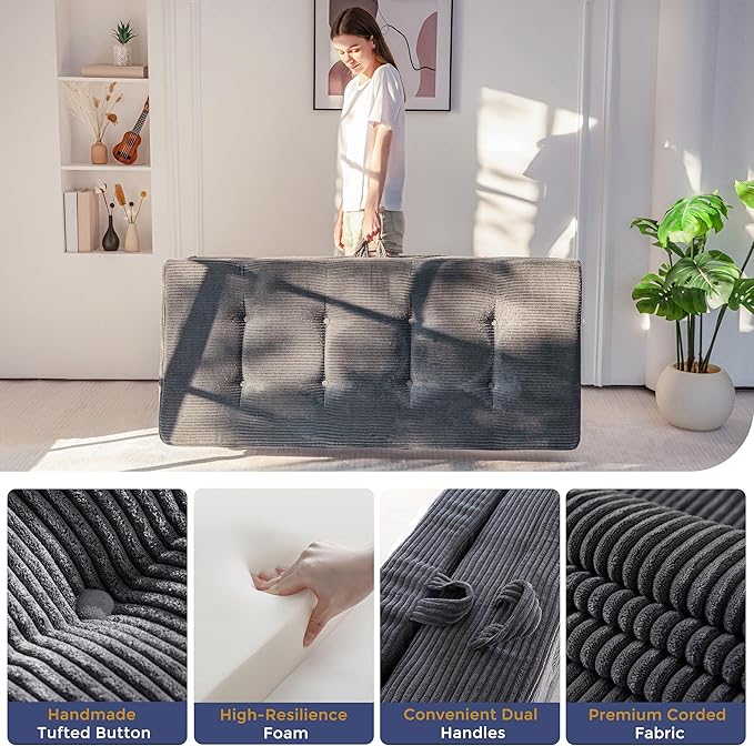 MAXYOYO Folding Mattress, 4 Inch Tufted Foldable Mattress Full Foam Bed, Tri-Fold Floor Couch with Handles Guest Bed Topper Portable Camping Mat with Corded Fabric, Queen Size, Dark Grey
