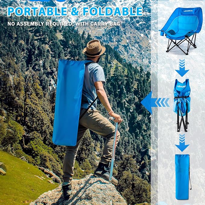 Outdoor Oversized Camping Chair, Heavy Duty Support 500 LBS for Adults, Portable Folding Wide Lawn Chair with Headrest Support and Cup Holder, Low Camping Chair for Fishing, Garden, Blue