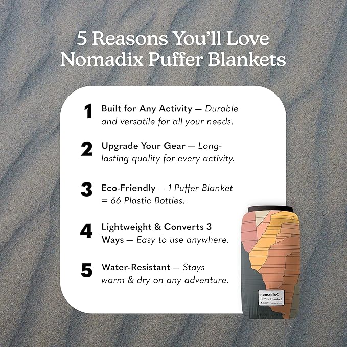 Nomadix Grand Canyon Puffer Blanket – Water-Resistant, Eco-Friendly Insulated Blanket with Snaps for Camping, Beach, and Travel, Made from Recycled Materials