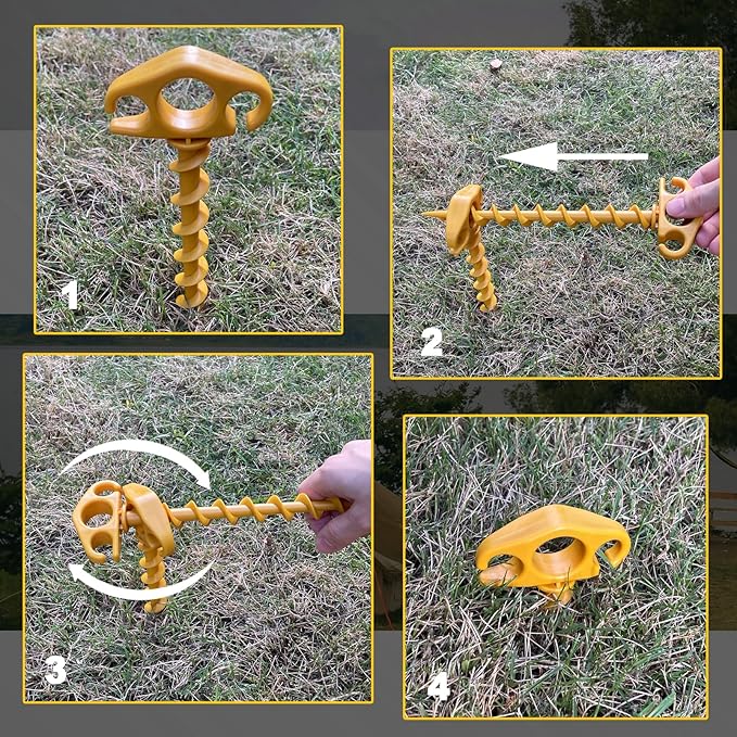 Tent Stakes Ground Anchors Screw in, 6 Pack Sand Stakes for Beach 9.4 Inch Heavy Duty Spiral Tent Pegs for Camping, Party, Hiking, Outdoor Decoration (6, Yellow)