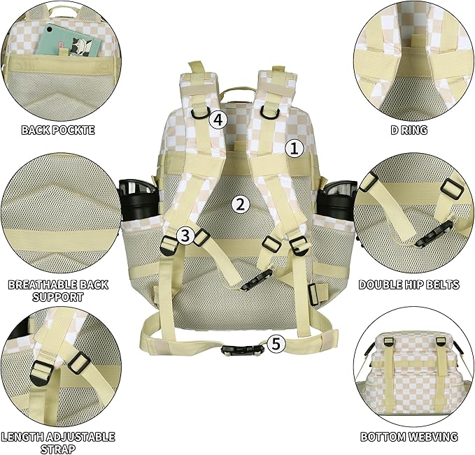 25L/45L Tactical Backpack Military Tactical Backpack Heavy Duty Molle Assault Pack for Work Gym Outdoors (1.0 25L-Beige Checkered, Small)