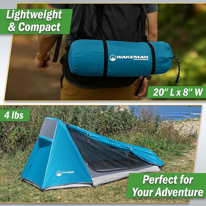 Single Person Tent - 1 Person Camping Tent with Rainfly and Carrying Bag - Lightweight Outdoor Bivy Bag Shelter for Backpacking, Hiking, or Camping Essentials by Wakeman Outdoors (Blue)