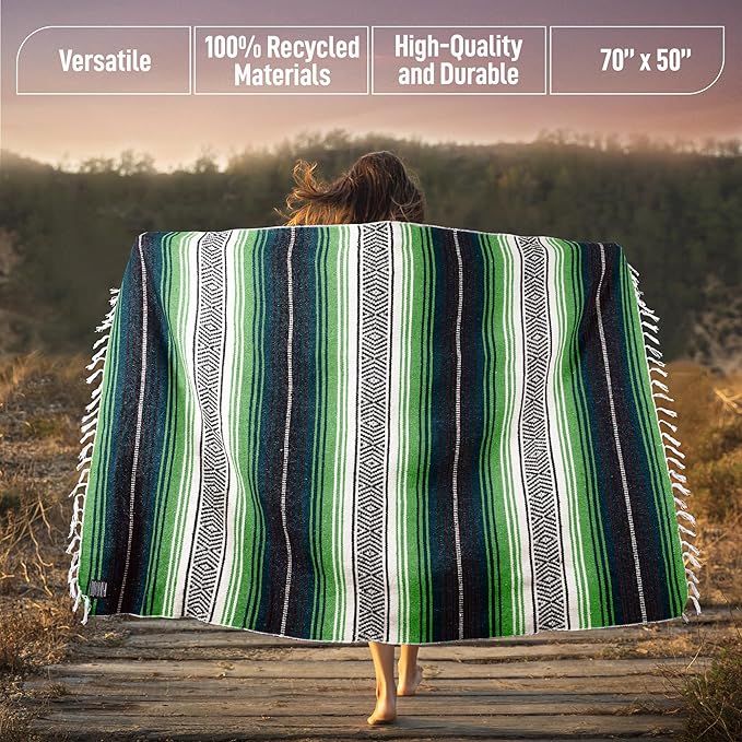 Hydration Nation Authentic Extra Large Mexican Blanket (70"x50") - Handwoven Yoga, Serape- Artisanal Falsa, Beach, Camping, Picnic, Outdoor - Tropical Green