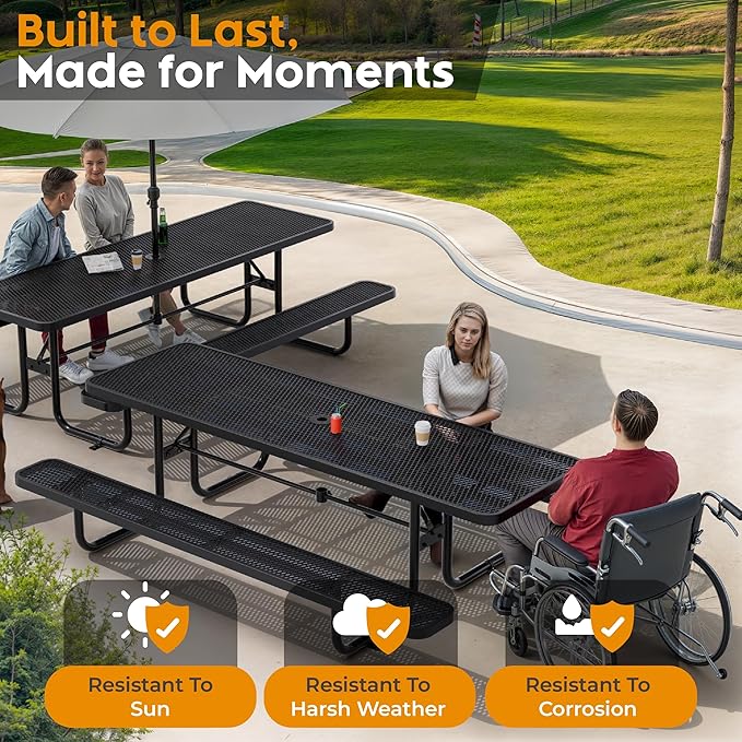 Metal Picnic Furniture for Outdoors with Umbrella Hole - Coated Steel Heavy Duty Commercial Grade Table with Adjustable Seats, Patio Set for a Lifetime (Black, 8' Rectangular)