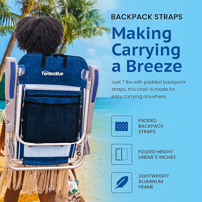 Homevative Cooler+ Folding Backpack Beach Chair with 5 Positions, Towel bar, XL Cooler Pouch, Storage Net, Cup and Phone Holder, Breeze, 2 Pack