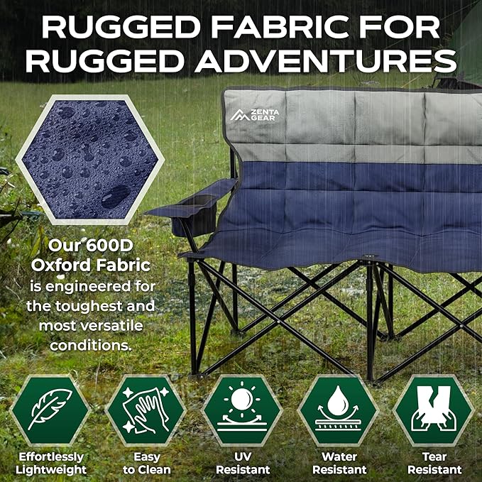 Oversized Fully Padded Double Camping Chair, Portable Folding Loveseat w/Side & Back Pockets, Adjustable Armrests, Double-Sized Cup Holders for Outdoor, Indoor, Supports 530LBS (Dark Navy)