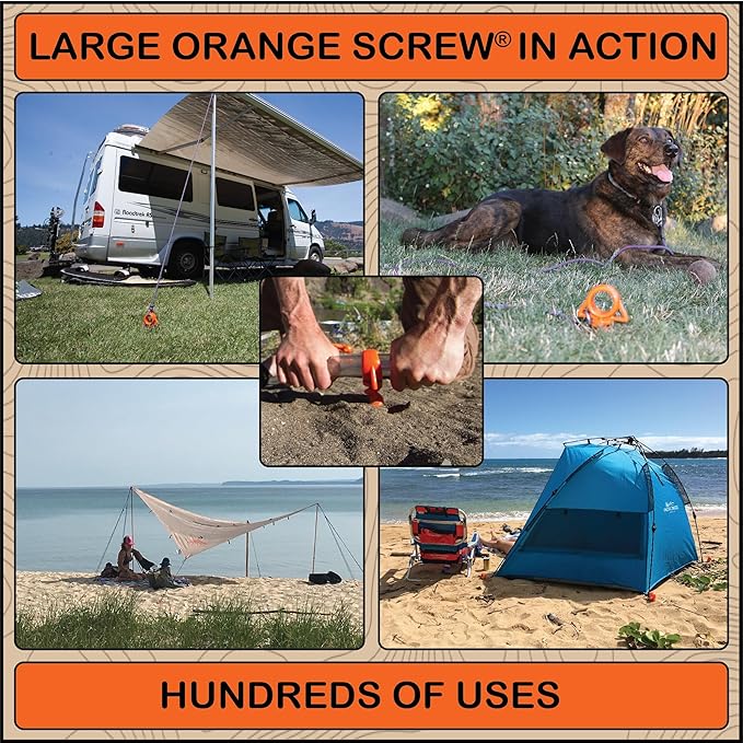 Ultimate Ground Anchors: Heavy Duty Screw-in Tent Stakes for High Wind, Sand, Canopies, and Camping - Made in USA, Included T-Grip Tool - (Large, Single Pack, Orange)