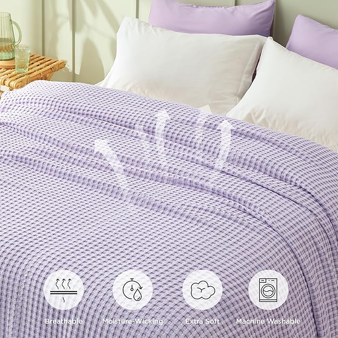 Bedsure Cooling Cotton Waffle Queen Size Blanket - Lightweight Breathable Blanket of Rayon Derived from Bamboo for Hot Sleepers, Luxury Throws for Bed, Couch and Sofa, Purple, 104x90 Inches