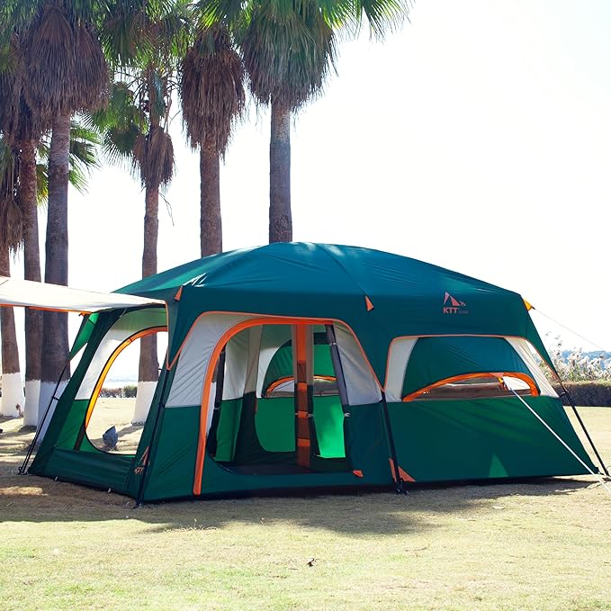KTT Extra Large Tent 10-12-14 Person(A),Family Cabin Tents,2 Rooms,3 Doors and 3 Windows with Mesh,Straight Wall,Waterproof,Double Layer,Big Tent for Outdoor,Picnic,Camping,Family Gathering