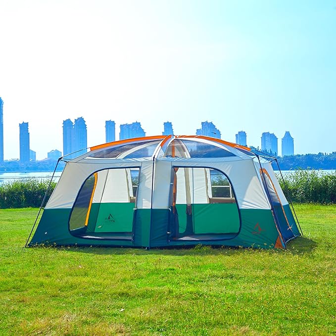 KTT Extra Large Tent 12-14 Person,Family Cabin Tents,2 Rooms,Straight Wall,2 Doors 4 Windows with Mesh,Waterproof,Straight Wall,Big Tent for Outdoor,Picnic,Camping,Gathering(Brown)