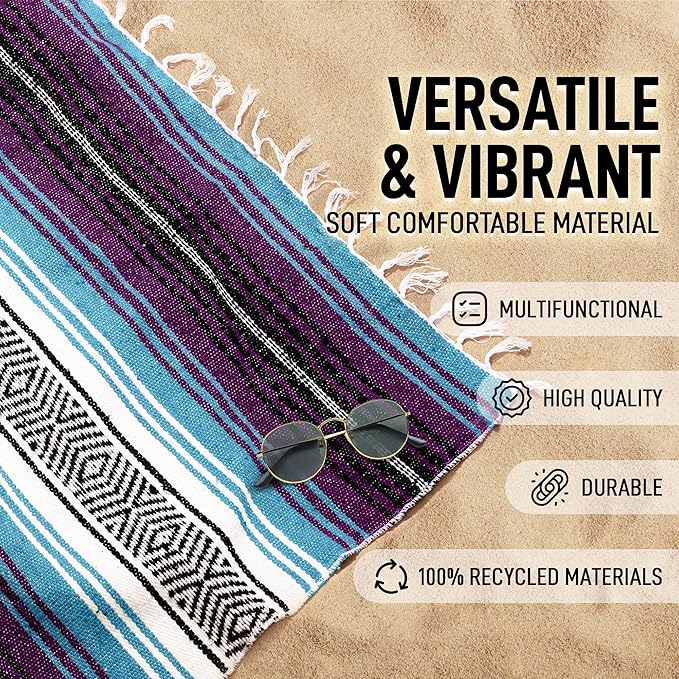 Hydration Nation Authentic Extra Large Mexican Blanket (70"x50") - Handwoven Yoga, Serape- Artisanal Falsa, Beach, Camping, Picnic, Outdoor - Purple Haze