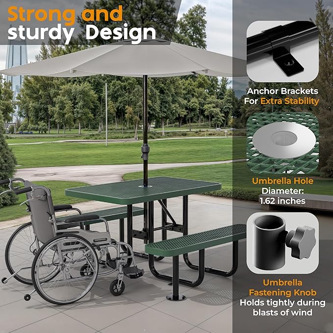 Metal Picnic Furniture for Outdoors with Umbrella Hole - Coated Steel Heavy Duty Commercial Grade Table with Adjustable Seats, Patio Set for a Lifetime (Green, 4' Rectangular)