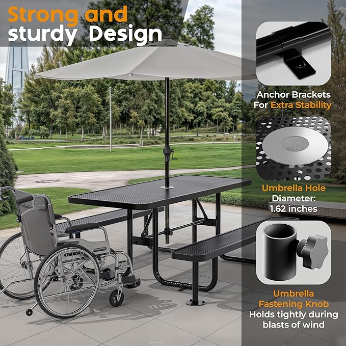 Metal Picnic Furniture for Outdoors with Umbrella Hole - Coated Steel Heavy Duty Commercial Grade Table with Adjustable Seats, Patio Set for a Lifetime (Black, 6' Rectangular, Punched Steel)
