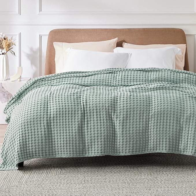 Bedsure Cooling Cotton Waffle Full Size Blanket - Lightweight Breathable Blanket of Rayon Derived from Bamboo for Hot Sleepers, Luxury Throws for Bed, Couch and Sofa, Sage Green, 80x90 Inches