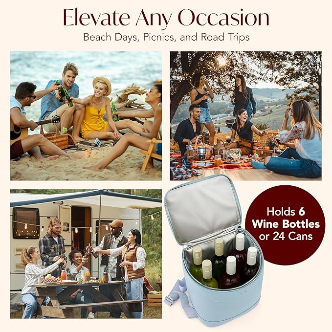Insulated Cooler Backpack with 2 Stainless Steel Wine Tumblers – Leakproof & Spillproof Stylish Vegan Leather Picnic Cooler Bag – Lightweight & Portable – Holds 24 Cans or 6 Wine Bottles